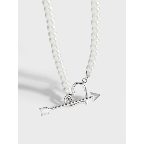 Collana di Perle Artificiali in Argento Sterling S925 Con Fibbia OT Cuore Freccia Per Donna Design Minimalista Gioiello Amore