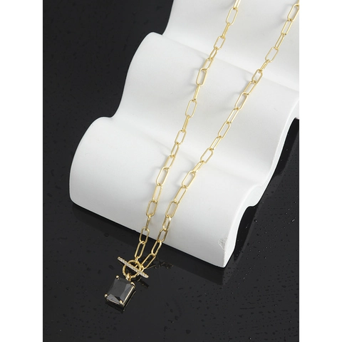Collar de Plata de Ley S925 Chapado en Oro 18K Cadena de Clip Colgante de Piedra Negra Rectangular Cierre Palanca Mujeres