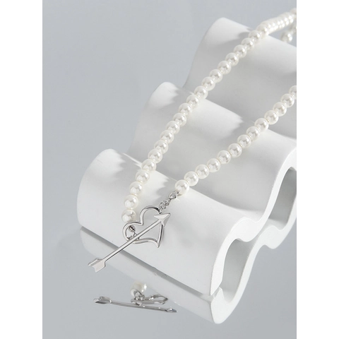 Collana di Perle Artificiali in Argento Sterling S925 Con Fibbia OT Cuore Freccia Per Donna Design Minimalista Gioiello Amore