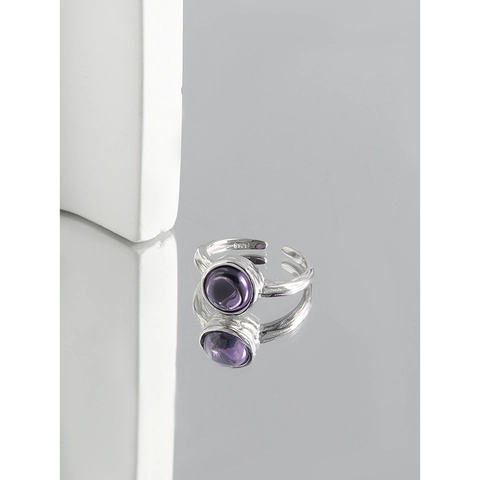 S925 Sterlingsilber Verstellbarer Ring Für Damen Unregelmäßige Gehämmerte Textur Violetter Strass Minimalistischer Fingerring Schmuck