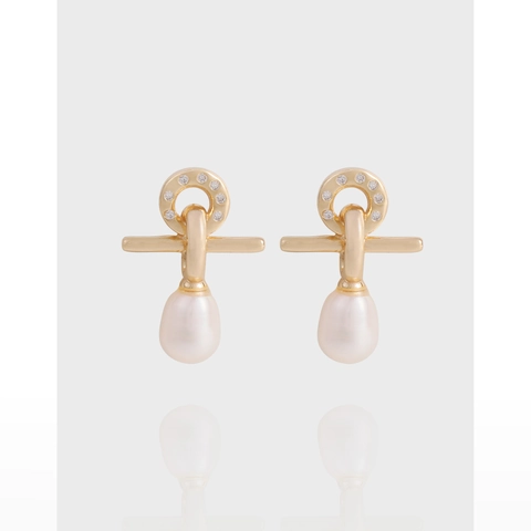 Pendientes de Botón de Cruz de Plata de Ley 925 Oro Champaña Con Perla Artificial y Strass Joyería Minimalista para Mujer