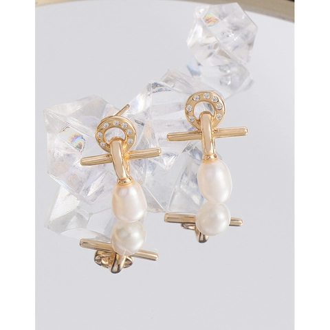 Pendientes de Botón de Cruz de Plata de Ley 925 Oro Champaña Con Perla Artificial y Strass Joyería Minimalista para Mujer