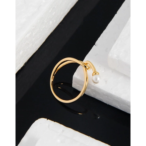 925 Sterling Silver Minimalist Pearl Open Ring For Women Geometric Intertwined Design Adjustable Artificial Pearl Ring