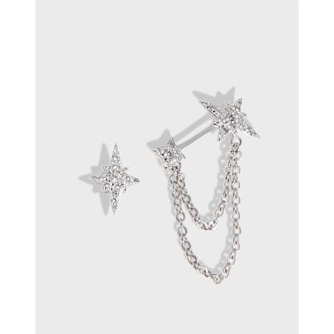 Pendientes de Botón de Estrella Asimétricos de Plata de Ley 925 para Mujer Cadena Fina con Estrella de Strass Joyería de Nicho