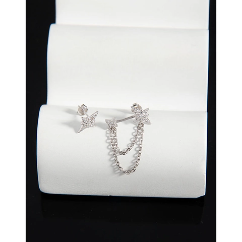Pendientes de Botón de Estrella Asimétricos de Plata de Ley 925 para Mujer Cadena Fina con Estrella de Strass Joyería de Nicho