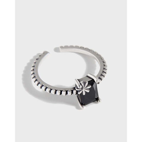 Retro S925 Sterling Silver Black Zirconia Open Ring Beaded Band Flower Detail Adjustable Geometric Ring Jewelry For Women