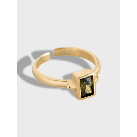 Vintage 925 Sterlingsilber Offener Ring Für Damen Champagner Gold Überzogen Rechteckig Grün Strass Verstellbarer Fingerring