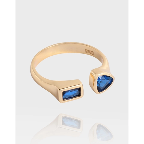 925 Sterlingsilber Geometrischer Blauer Zirkonia Offener Ring Für Damen Champagner Vergoldet Verstellbarer Minimalistischer Schmuck