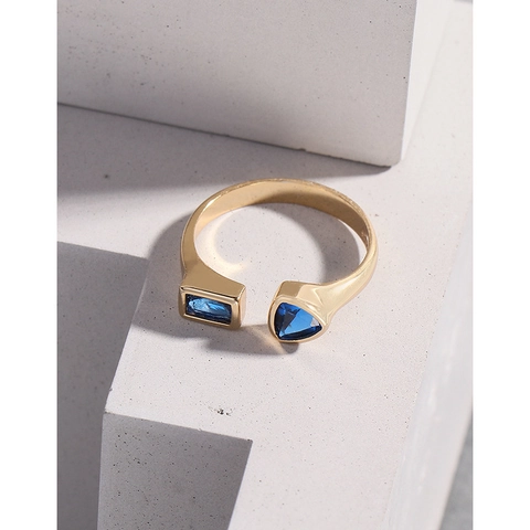 925 Sterlingsilber Geometrischer Blauer Zirkonia Offener Ring Für Damen Champagner Vergoldet Verstellbarer Minimalistischer Schmuck