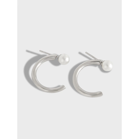 Pendientes de Botón Aro en C de Plata de Ley 925 Minimalistas con Perla Artificial Chapados en Oro Blanco Joyería para Mujer