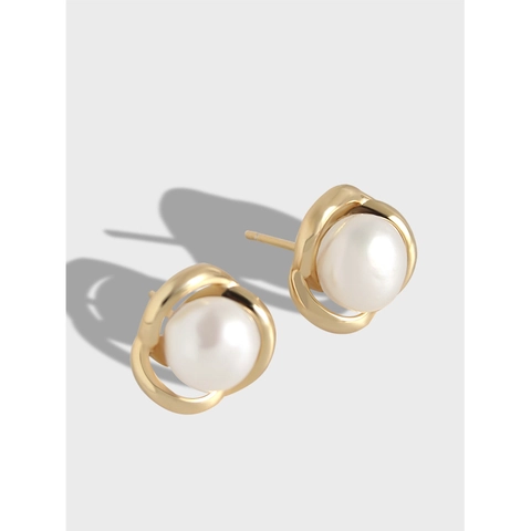 Orecchini a Bottone con Perle a Fiore in Argento Sterling S925 Design a Spirale Oro Champagne Minimalista Gioielli Regalo Donna