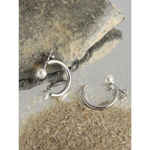 Pendientes de Botón Aro en C de Plata de Ley 925 Minimalistas con Perla Artificial Chapados en Oro Blanco Joyería para Mujer