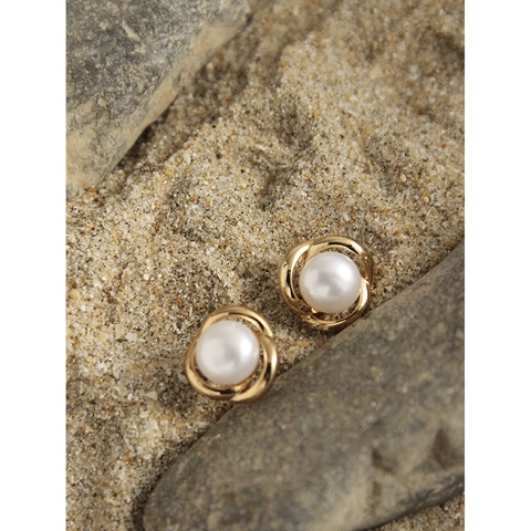 Orecchini a Bottone con Perle a Fiore in Argento Sterling S925 Design a Spirale Oro Champagne Minimalista Gioielli Regalo Donna