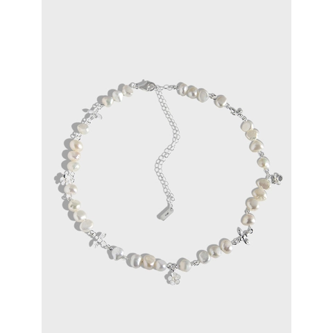 Collana in Argento Sterling 925 con Perle d'Acqua Dolce Ciondolo Fiore Farfalla Catena Clavicola Donna Gioielli Primavera