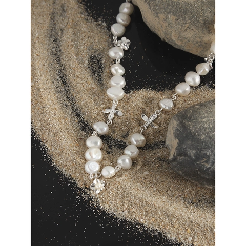 Collana in Argento Sterling 925 con Perle d'Acqua Dolce Ciondolo Fiore Farfalla Catena Clavicola Donna Gioielli Primavera
