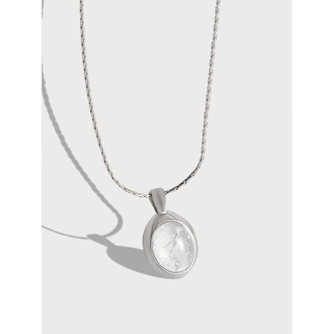 Collana in Argento Sterling 925 Con Pietra di Luna Per Donna Design Minimalista Ciondolo Ovale Texture Ghiaccio Crepata Gioielli Regalo
