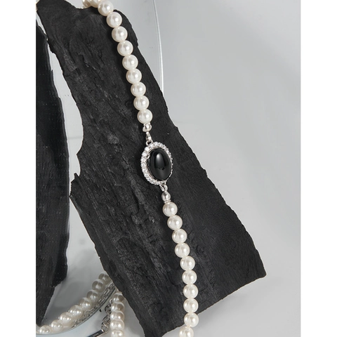 Collar de Plata de Ley S925 Ágata Negra Perla Artificial para Mujer Elegante Minimalista Strass Incrustado Cadena de Clavícula Joyería