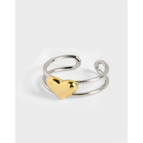 S925 Sterling Silber Doppelschicht Herz Ring Für Damen Minimalistisch Verstellbar Gold Silber Kontrastfarbe Schmuck