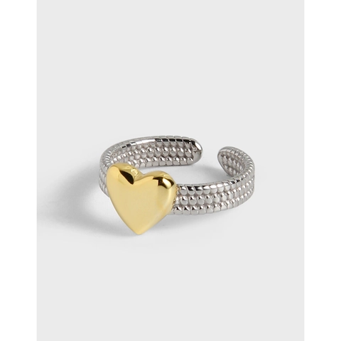 925 Sterling Silver Twisted Beaded Heart Open Ring Gold Silver Bi-Color Adjustable Heart Ring For Women Minimalist Jewelry