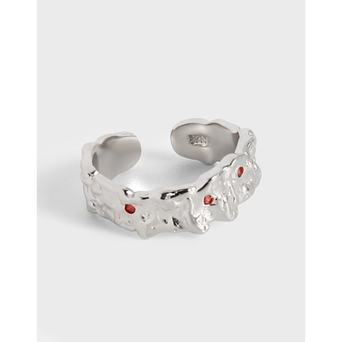 S925 Sterling Silver Irregular Lava Texture Open Ring With Red Zircon Inlaid Artistic Adjustable Ring For Women Jewelry