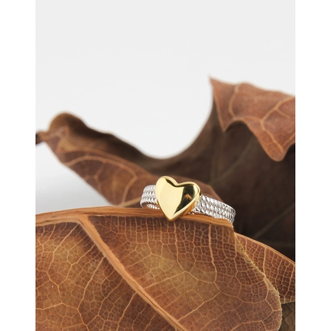 925 Sterling Silver Twisted Beaded Heart Open Ring Gold Silver Bi-Color Adjustable Heart Ring For Women Minimalist Jewelry