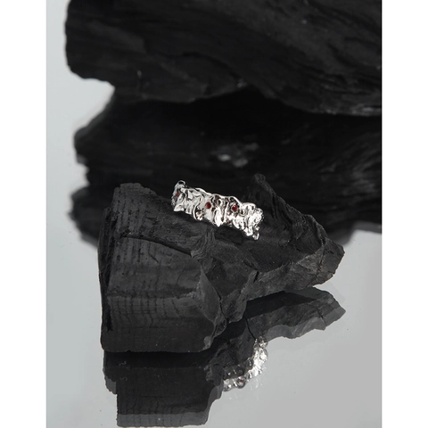 S925 Sterling Silver Irregular Lava Texture Open Ring With Red Zircon Inlaid Artistic Adjustable Ring For Women Jewelry