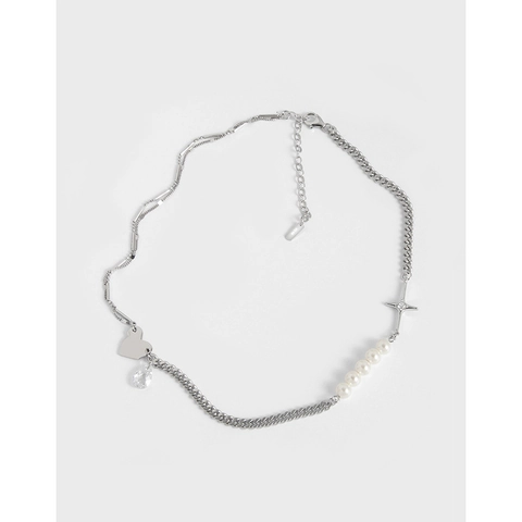 Collana in Argento Sterling S925 per Donna Cuore Croce Stella Perla Artificiale Strass Ciondolo a Goccia d'Acqua Gioielli da Collo