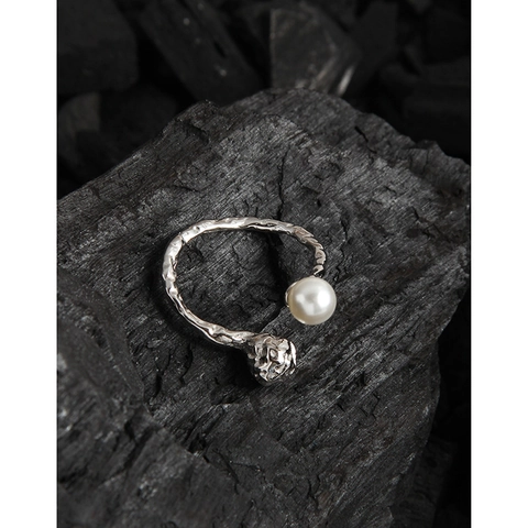 925 Sterlingsilber Unregelmäßige Textur Offener Ring Für Damen Minimalistische Künstliche Perle Verstellbar Schmuck Geschenk