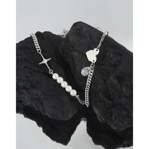 Collana in Argento Sterling S925 per Donna Cuore Croce Stella Perla Artificiale Strass Ciondolo a Goccia d'Acqua Gioielli da Collo