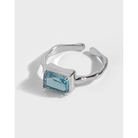 S925 Sterling Silver Open Ring For Women Minimalist Irregular Wave Design With Rectangular Blue Zirconia Adjustable Finger Jewelry