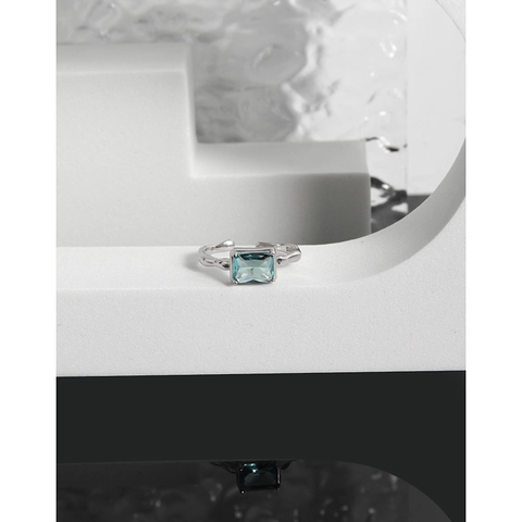 S925 Sterling Silver Open Ring For Women Minimalist Irregular Wave Design With Rectangular Blue Zirconia Adjustable Finger Jewelry