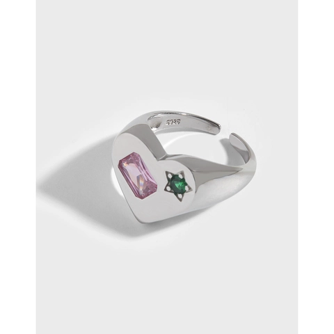 Anello a Cuore in Argento Sterling S925 per Donna Elegante Strass Rosa Rettangolare e Stella Verde Intarsiato Anello Aperto Regolabile Gioielli Regalo