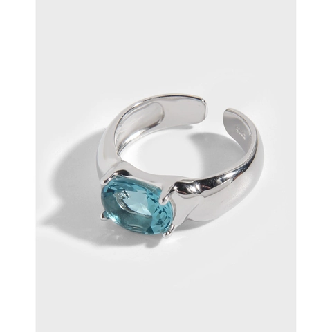 Anello Aperto in Argento Sterling 925 con Zirconia Blu Ovale per Donna Elegante Semplice Regolabile Stile Coreano Ins Gioielli