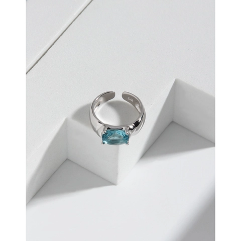 Anello Aperto in Argento Sterling 925 con Zirconia Blu Ovale per Donna Elegante Semplice Regolabile Stile Coreano Ins Gioielli