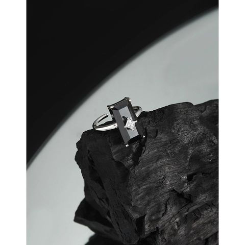 Koreanischer Stil Nischen-Design S925 Sterlingsilber Offener Ring Für Damen Minimalistischer Rechteckiger Schwarzer Achat Strass Ring