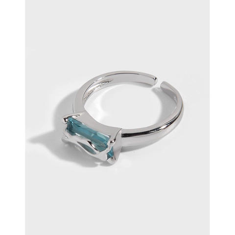 S925 Sterlingsilber Blau Zirkonia Verstellbarer Offener Ring Koreanischer Stil Minimalistisches Flüssigmetall-Design Damenring