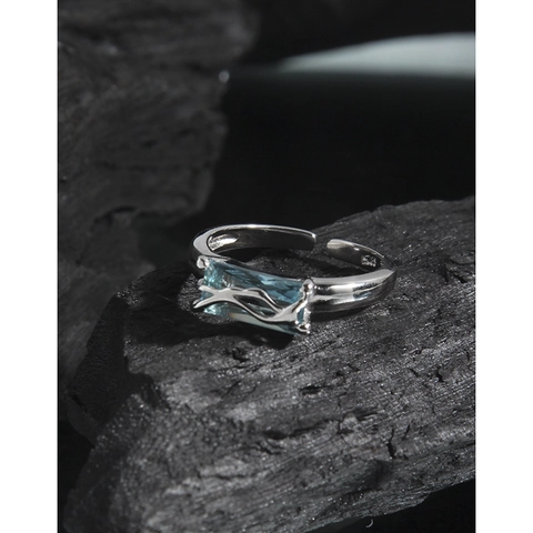 S925 Sterlingsilber Blau Zirkonia Verstellbarer Offener Ring Koreanischer Stil Minimalistisches Flüssigmetall-Design Damenring