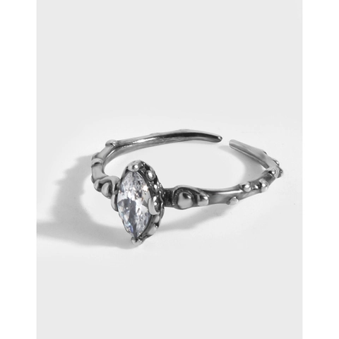 Retro S925 Sterling Silver Marquise Zirconia Open Adjustable Ring For Women Minimalist Branch Texture Finger Ring Jewelry