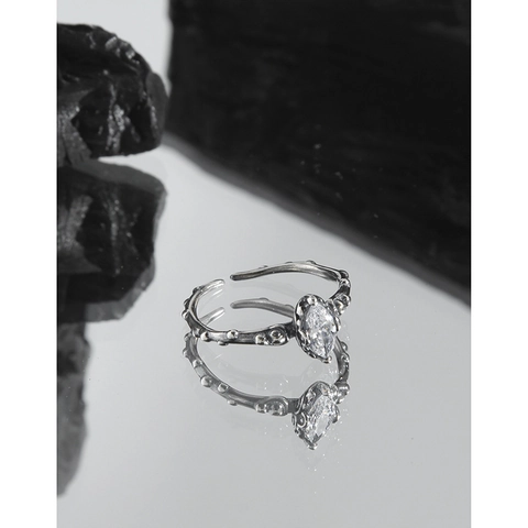 Retro S925 Sterling Silver Marquise Zirconia Open Adjustable Ring For Women Minimalist Branch Texture Finger Ring Jewelry