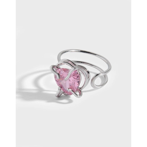 S925 Sterling Silver Heart Pink Zirconia Open Adjustable Ring For Women Minimalist INS Style Temperament Fine Jewelry Gift