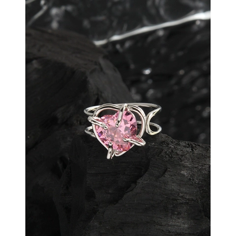 S925 Sterling Silver Heart Pink Zirconia Open Adjustable Ring For Women Minimalist INS Style Temperament Fine Jewelry Gift