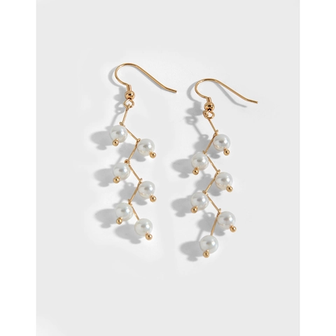 Elegantes Pendientes Largos de Plata de Ley 925 de Enredadera Con Perla Artificial Joyería Vintage Plateada Oro Champaña