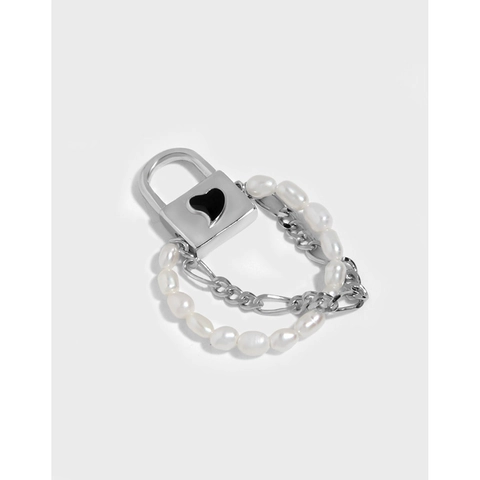 Anillo de Cerradura de Corazón de Plata de Ley 925 para Mujer Anillo de Cadena de Doble Capa de Perla Artificial Ajustable