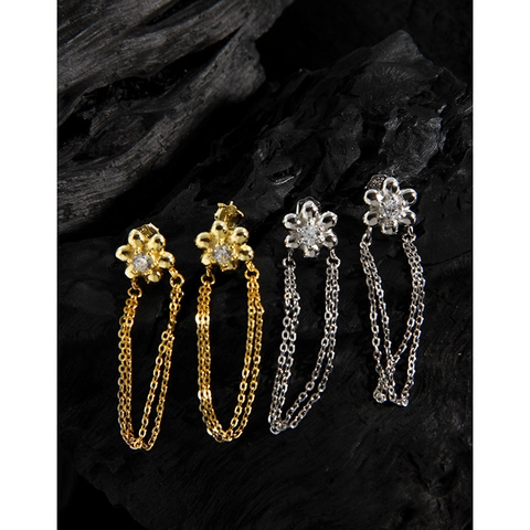 925 Sterling Silver Flower Dangling Tassel Stud Earrings For Women Rhinestone Inlaid Korean Style Dainty Jewelry Gift