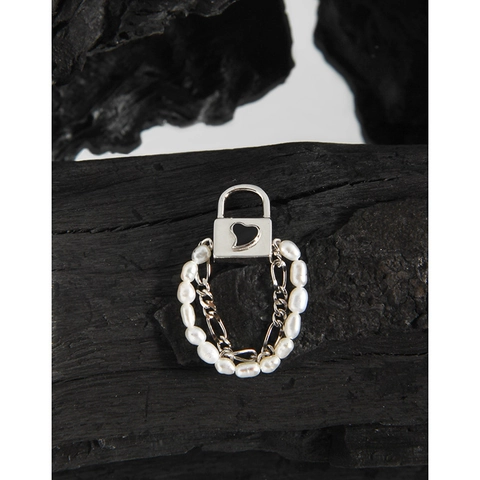 Anillo de Cerradura de Corazón de Plata de Ley 925 para Mujer Anillo de Cadena de Doble Capa de Perla Artificial Ajustable