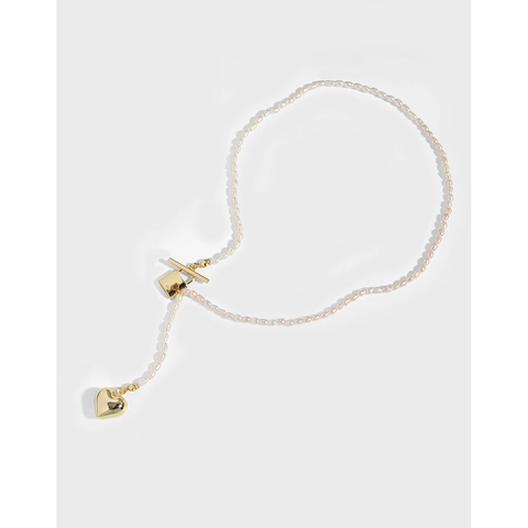 Collana di Perle Naturali in Argento Sterling 925 per Donna Placcata Oro Ciondolo a Cuore Serratura Chiusura a Bascula Gioielli Stile Coreano