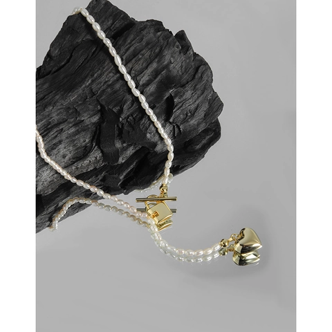 Collana di Perle Naturali in Argento Sterling 925 per Donna Placcata Oro Ciondolo a Cuore Serratura Chiusura a Bascula Gioielli Stile Coreano