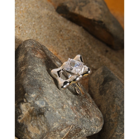 S925 Sterling Silber Verstellbarer Offener Ring Für Damen Fluid Irreguläres Design Quadratischer Zirkonia Inlaid Schmuck Ring