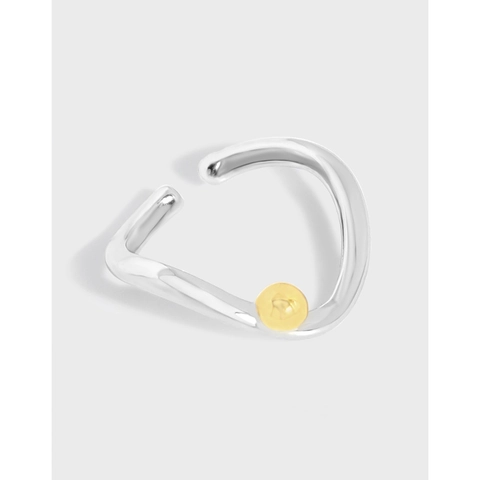 Minimalistischer 925 Sterlingsilber Zweifarbiger Offener Ring Geometrischer Bogen Goldene Perle Verstellbarer Damen Ring