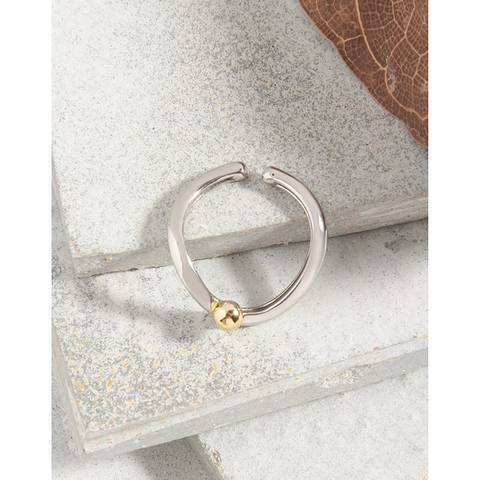 Minimalistischer 925 Sterlingsilber Zweifarbiger Offener Ring Geometrischer Bogen Goldene Perle Verstellbarer Damen Ring